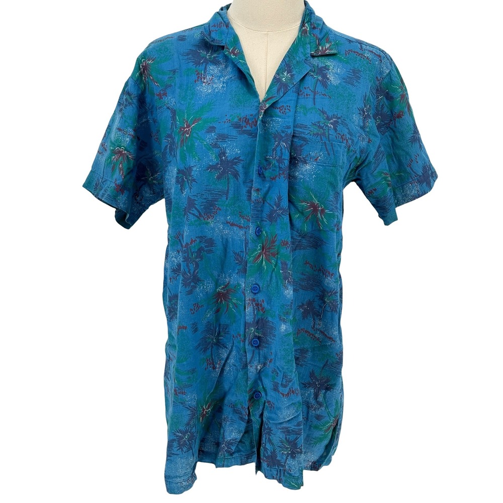 Pier Connection Button Down Shirt Blue Tropical Palm Tree 100% Cotton Vintage M
